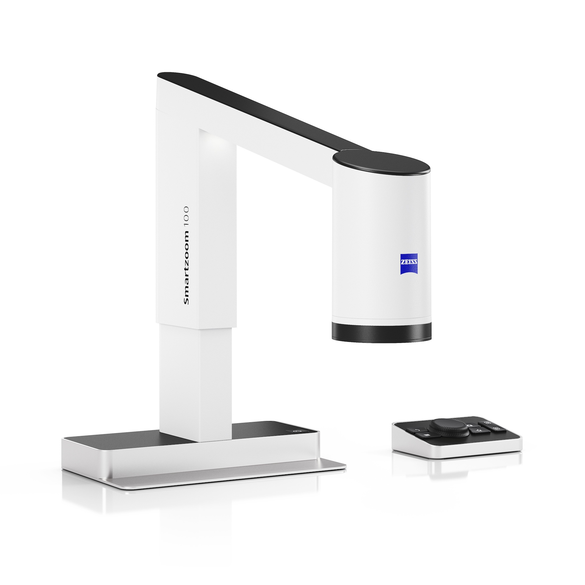 White ZEISS digital microscope ZEISS Smartzoom 100 with a modern L-shaped design and an external control panel on the side.