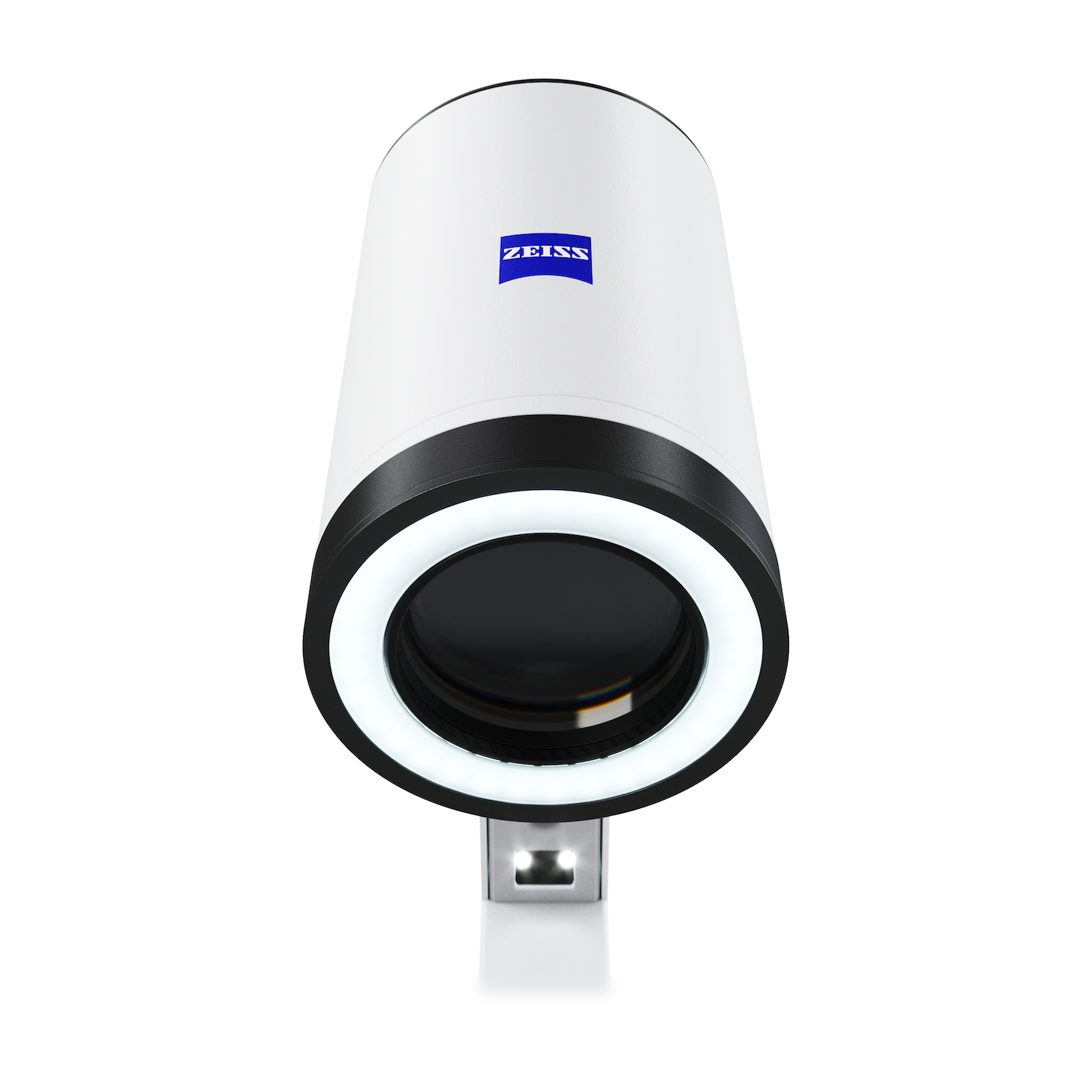 Close-up front view of a cylindrical ZEISS optical device with a black lens surrounded by a white LED ring and the ZEISS logo on its white body.