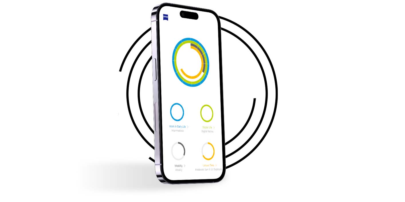 A smartphone in front of black rings shows the vision profile of a My Vision Profile user with differently coloured rings.