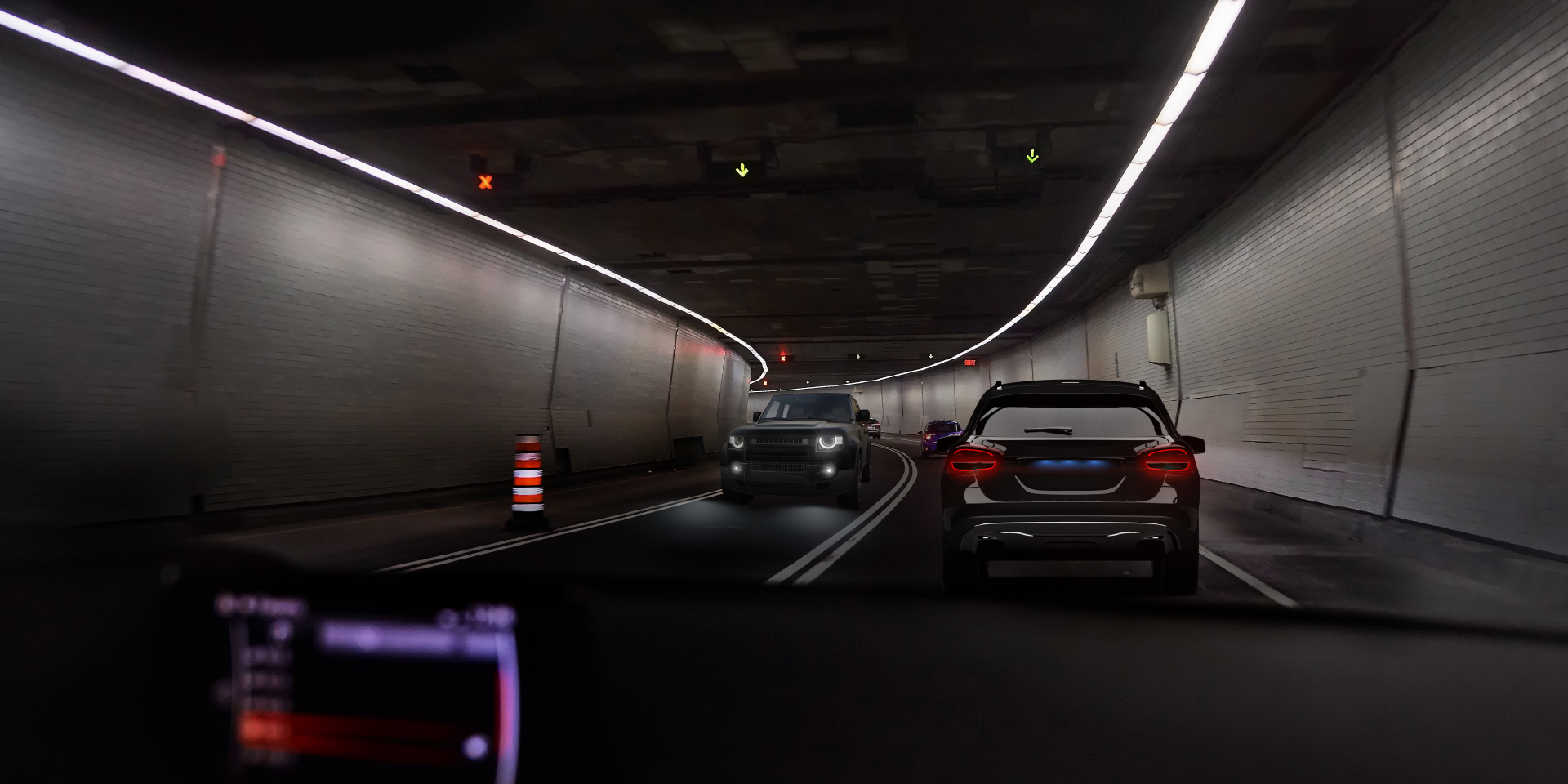 Two images of the point of view of a driver in a tunnel with incoming traffic, showing on one image glare from the car and tunnel lights and one the other image clearly reduced glare.