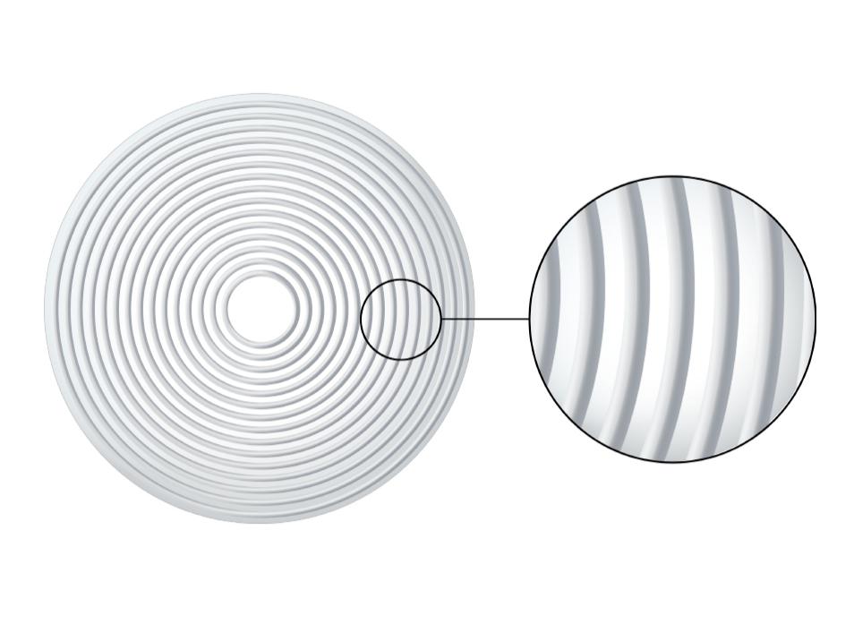 Illustration of a ZEISS MyoCare lens with C.A.R.E. elements creating defocus zones to slow myopia progression.