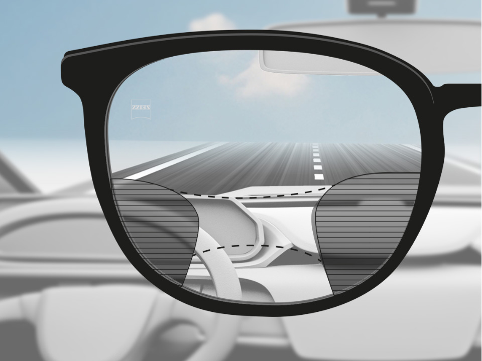 Schematic point-of-view illustration through a DriveSafe progressive lens showing a large distance vision zone (road), intermediate zone (dashboard) and smaller near zone (not required in car).
