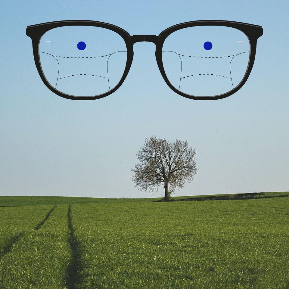 A frame with progressive lenses and schematic lines to indicate different viewing zones. Different parts of the lens are highlighted: Distance - top part of the glasses.