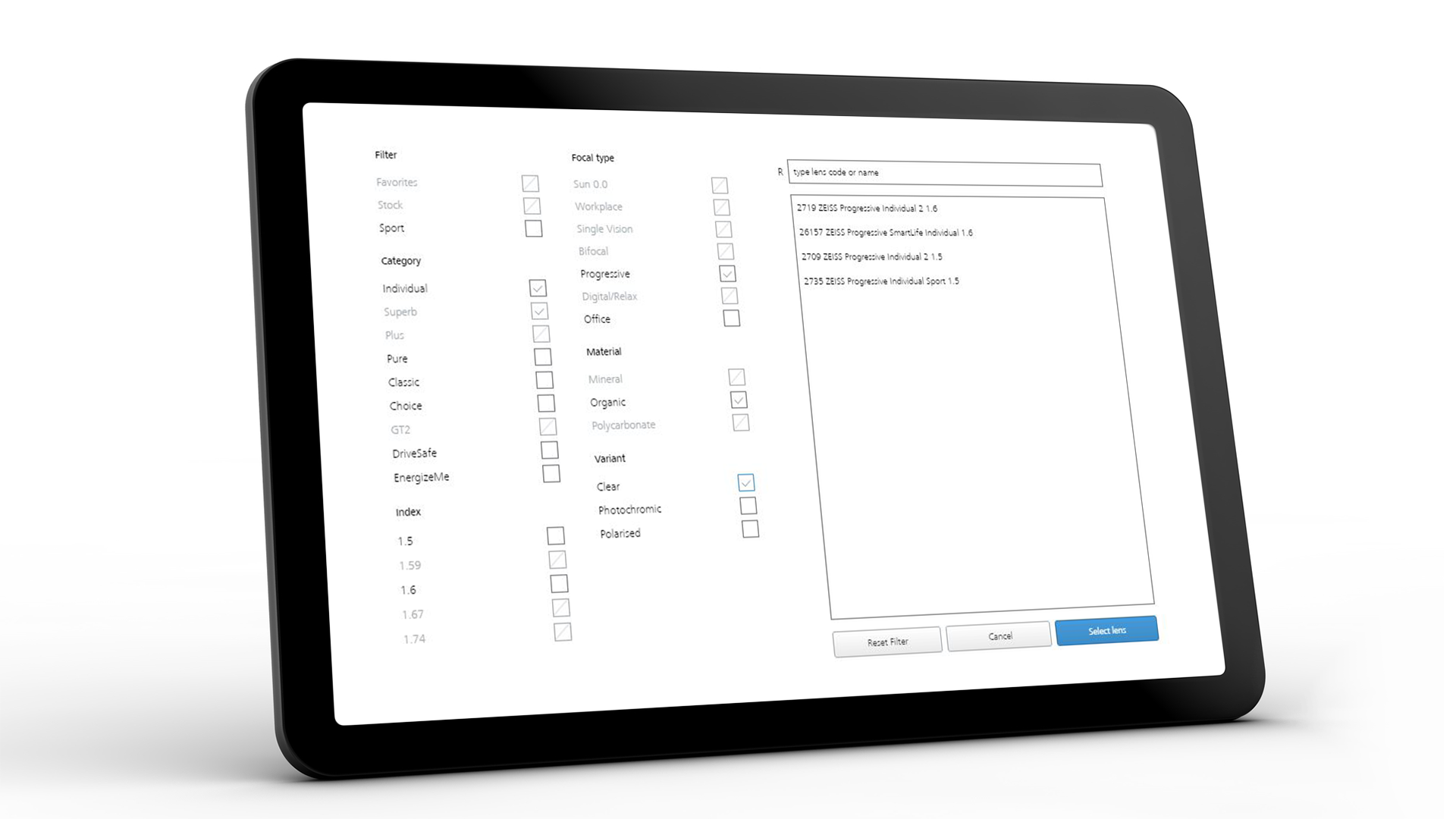 Tablet screen showing the ZEISS VISUSTORE interface for several input aids 