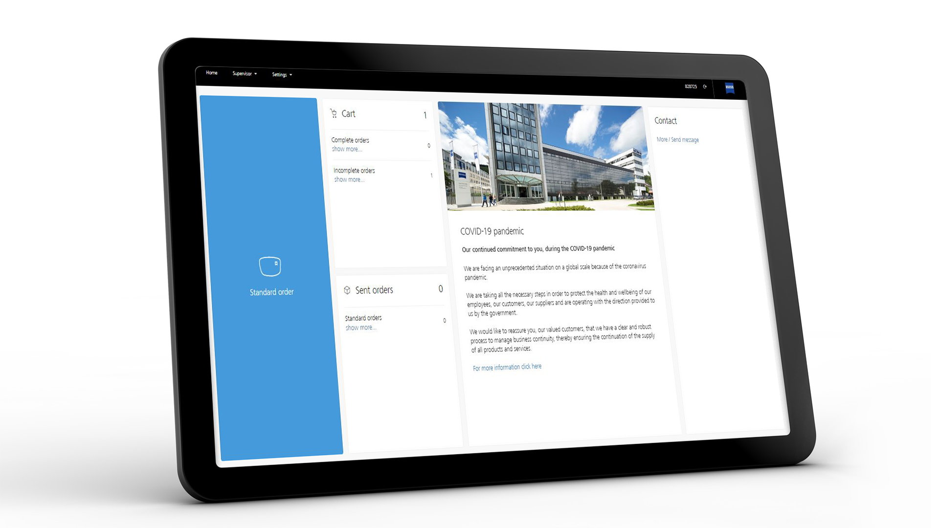 Tablet screen showing the ZEISS VISUSTORE interface for standard orders 