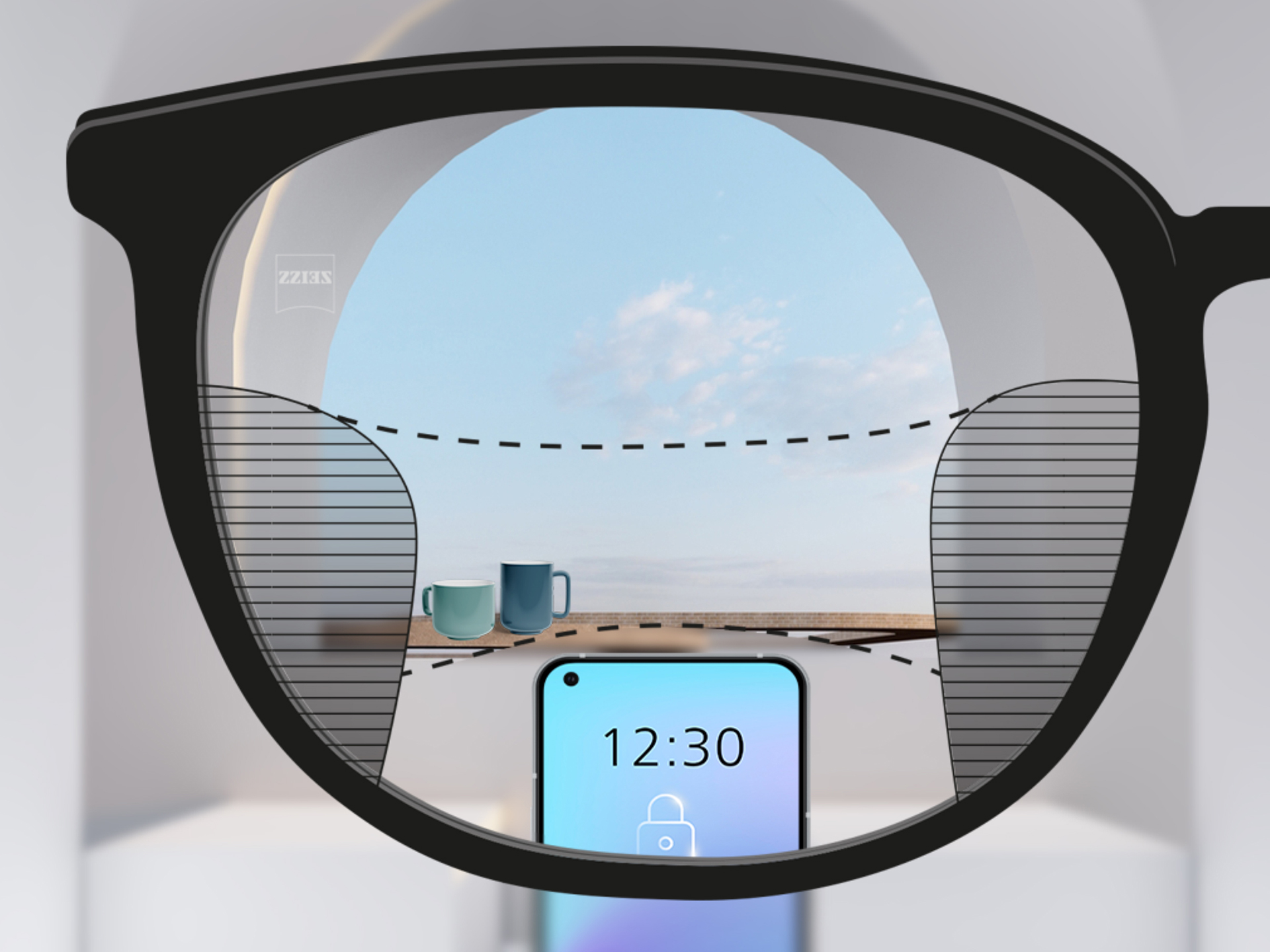 A point of view image through a ZEISS Progressive SmartLife lens: The blurred zones left and right of the lens are small and enable large clear vision zones.