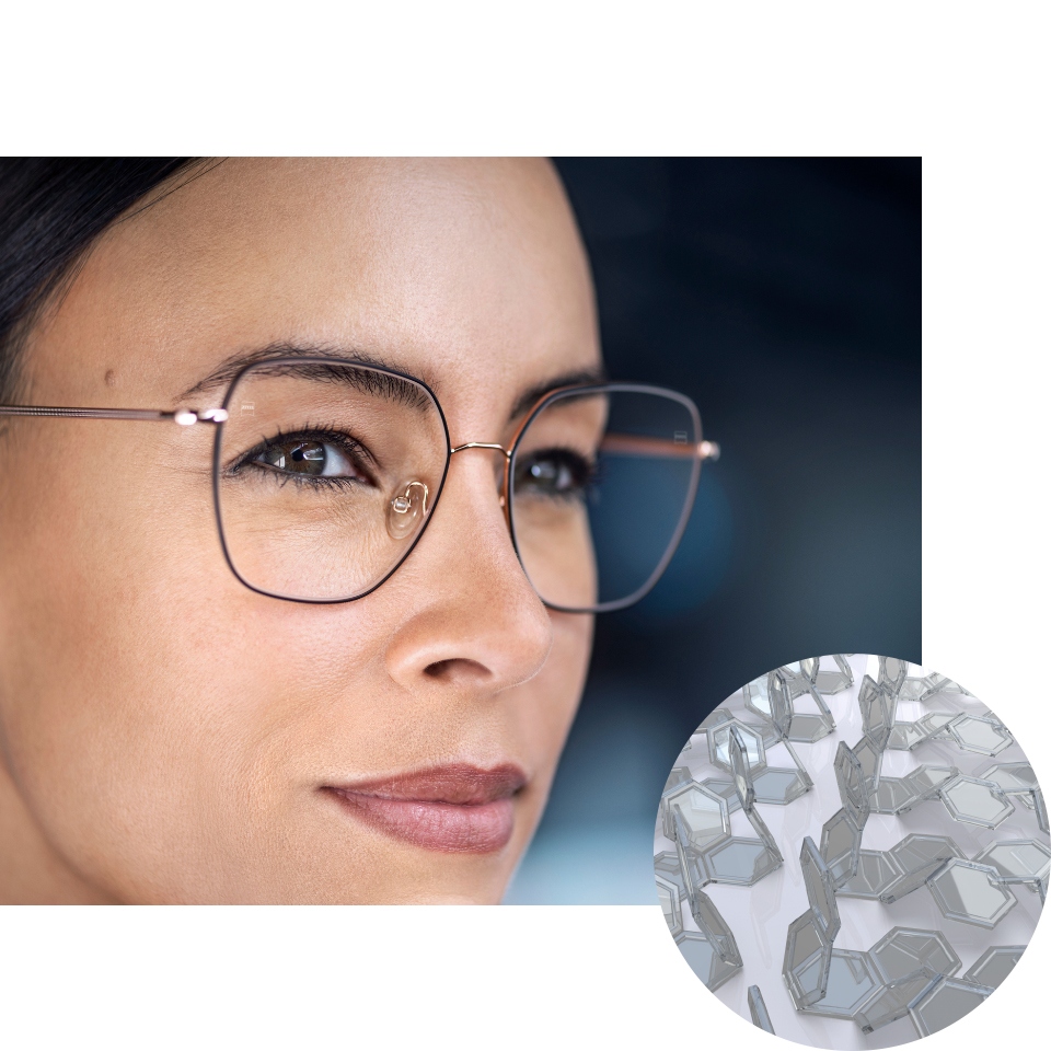 Women wearing glasses with ZEISS PhotoFusion X in clear state with a visualization of the folded dye compounds. 