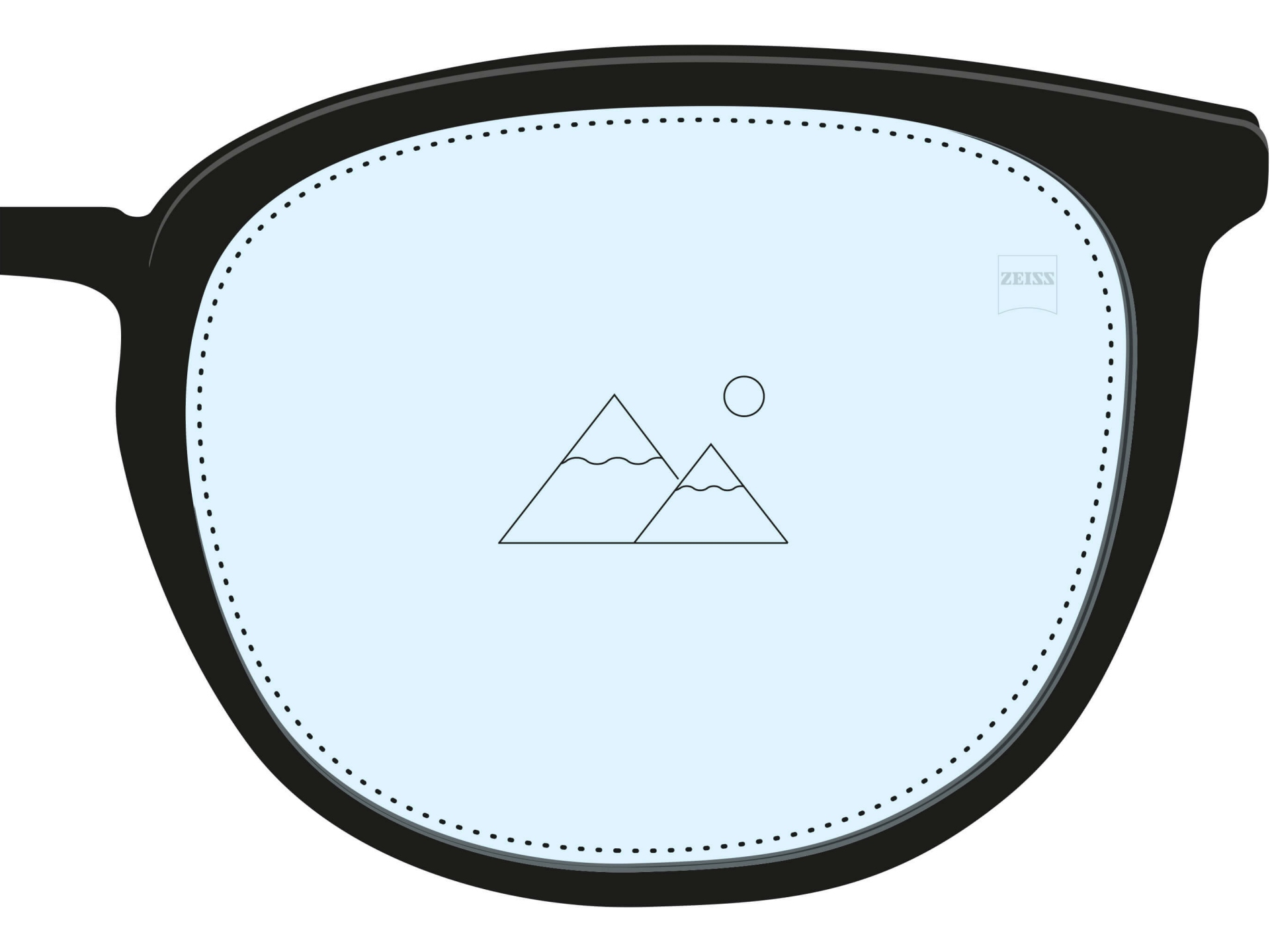 An illustration of a single vision lens. It is filled with a light blue colour throughout with and a single icon shows that it has only one prescription for one distance.