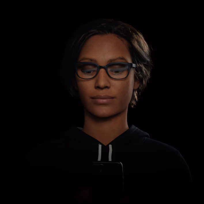 Animated Illustration of person moving her eyes and head, looking through different parts of her SmartLife glasses at smartphone and different distances in a 3D object space model, followed by hundreds of data light points forming the number 12.5