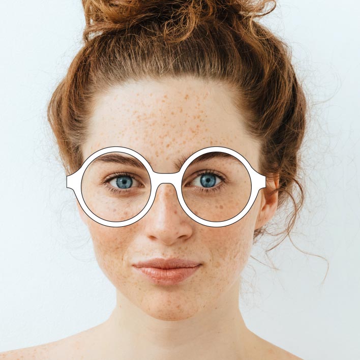 Young woman wearing illustrated glasses with measurements of the lenses, morphing from a round frame, to a cat eye frame, to a square frame while the measurements adjust.